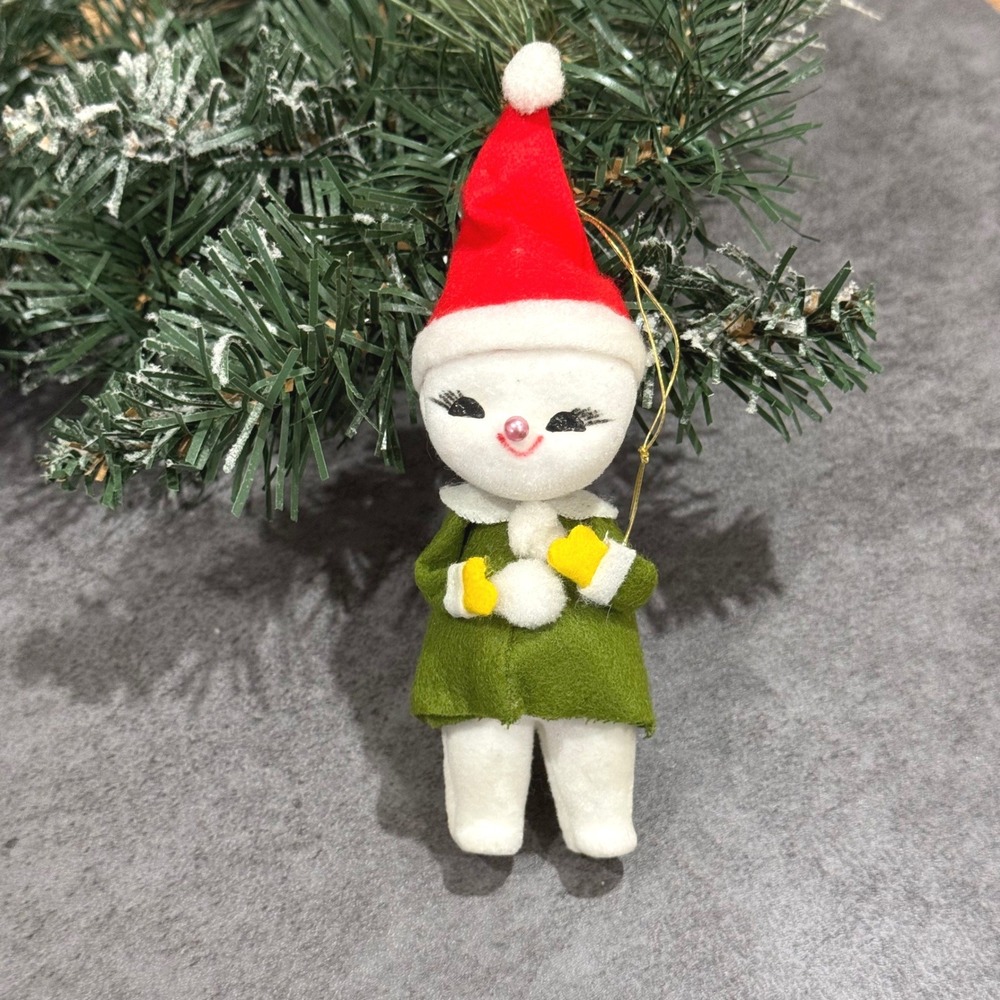 Vintage Small Japan Felt Flocked Snow Baby Pixie Elf Christmas Ornament 5.5" MCM